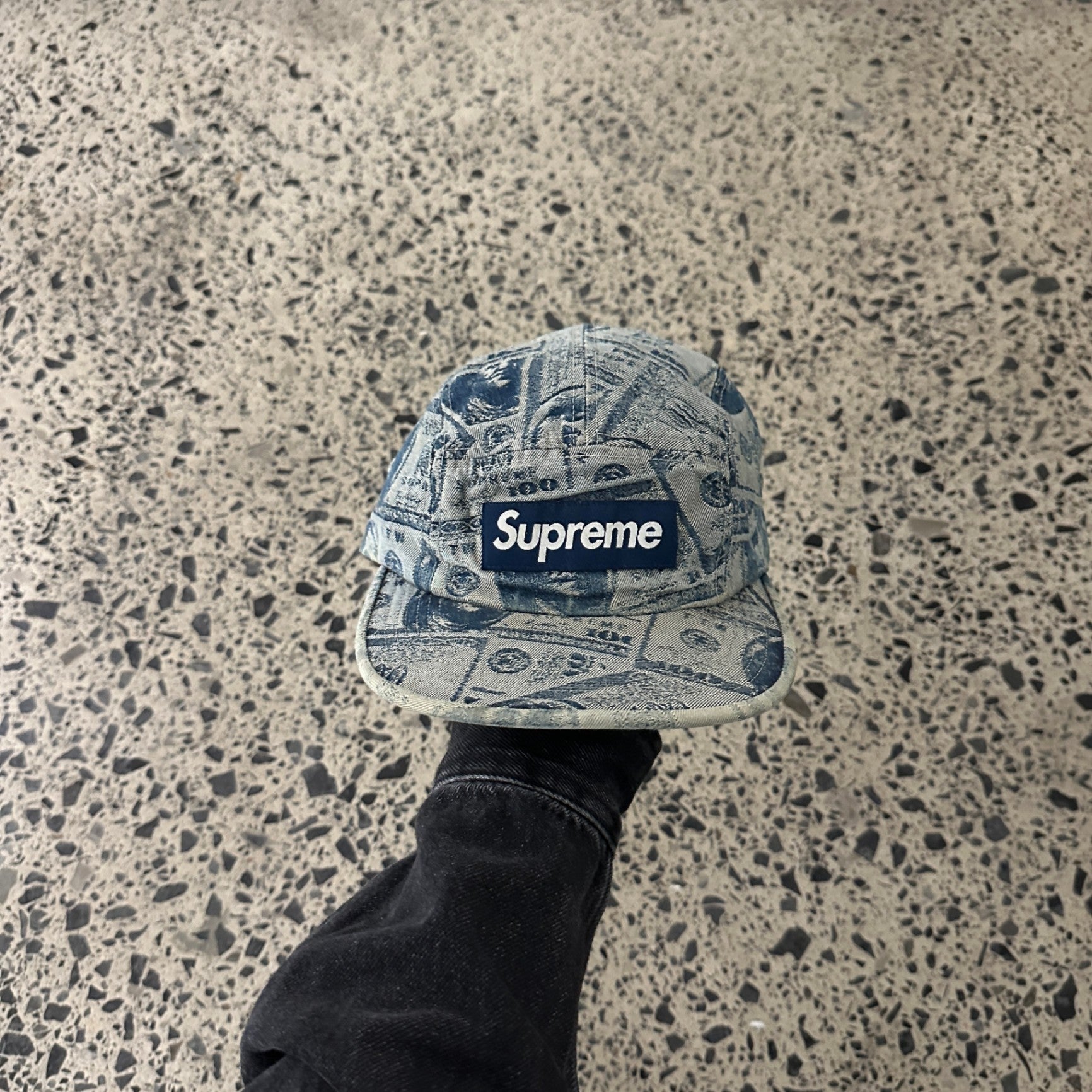 Supreme 100 Dollar Bill Camp Cap Blue
