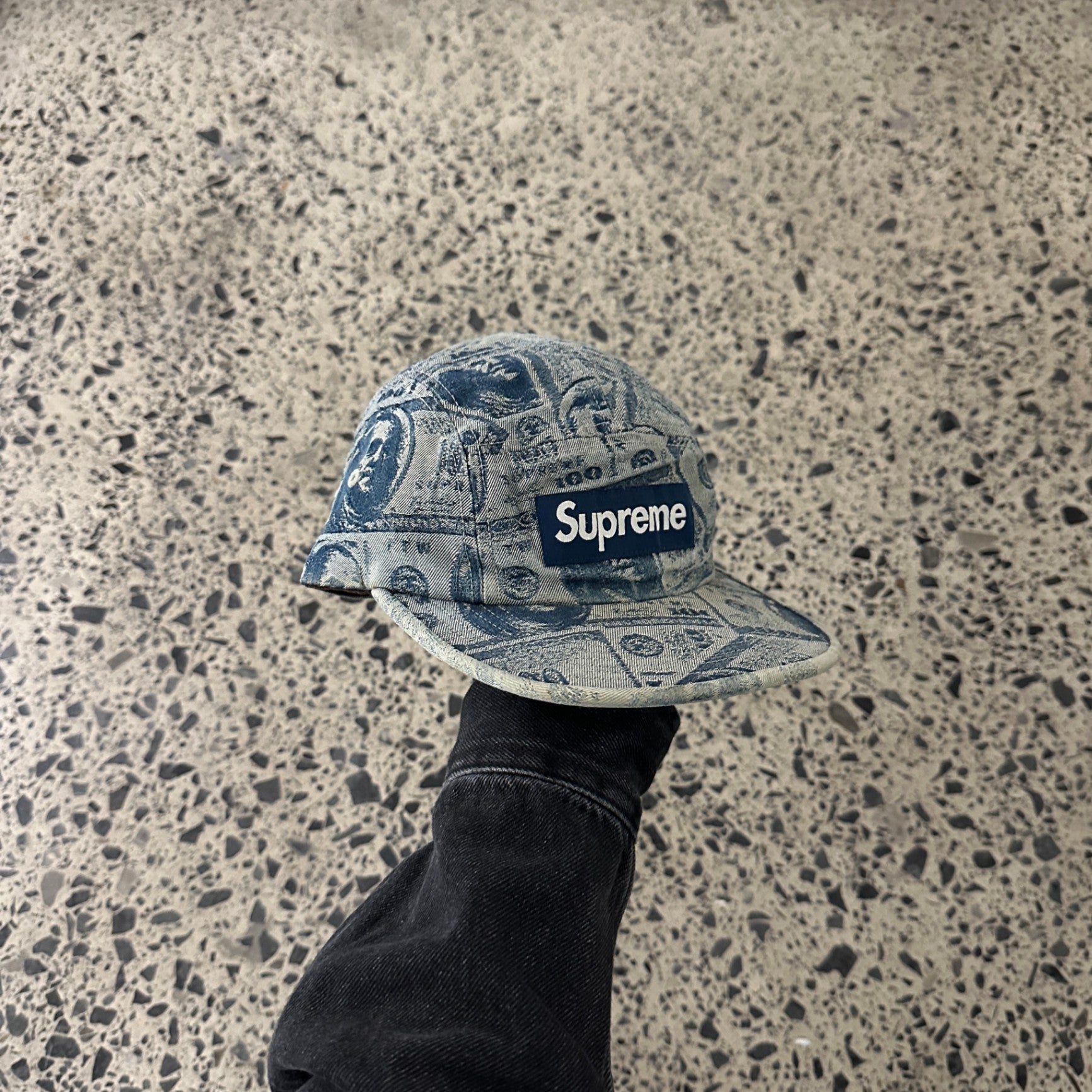 Supreme 100 Dollar Bill Camp Cap Blue